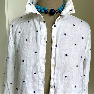 Nicole Miller Linen  NY Blue Embroidered Stars Shirt size M